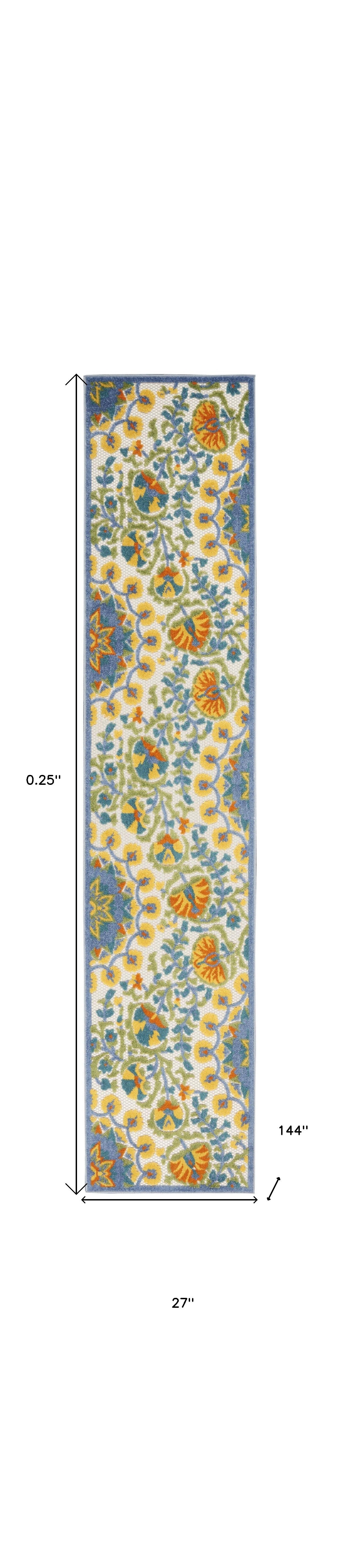 2' X 12' Blue Yellow And White Toile Non Skid Indoor Outdoor Runner Rug