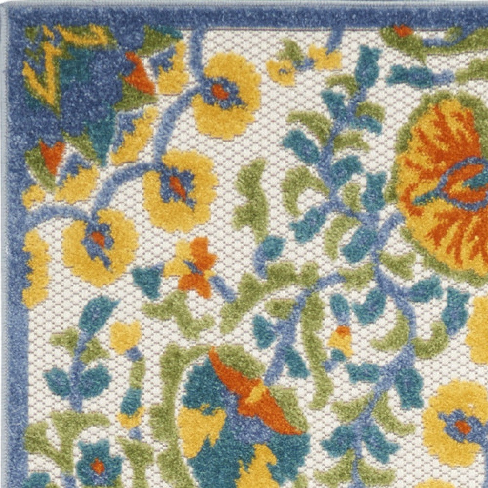 2' X 12' Blue Yellow And White Toile Non Skid Indoor Outdoor Runner Rug