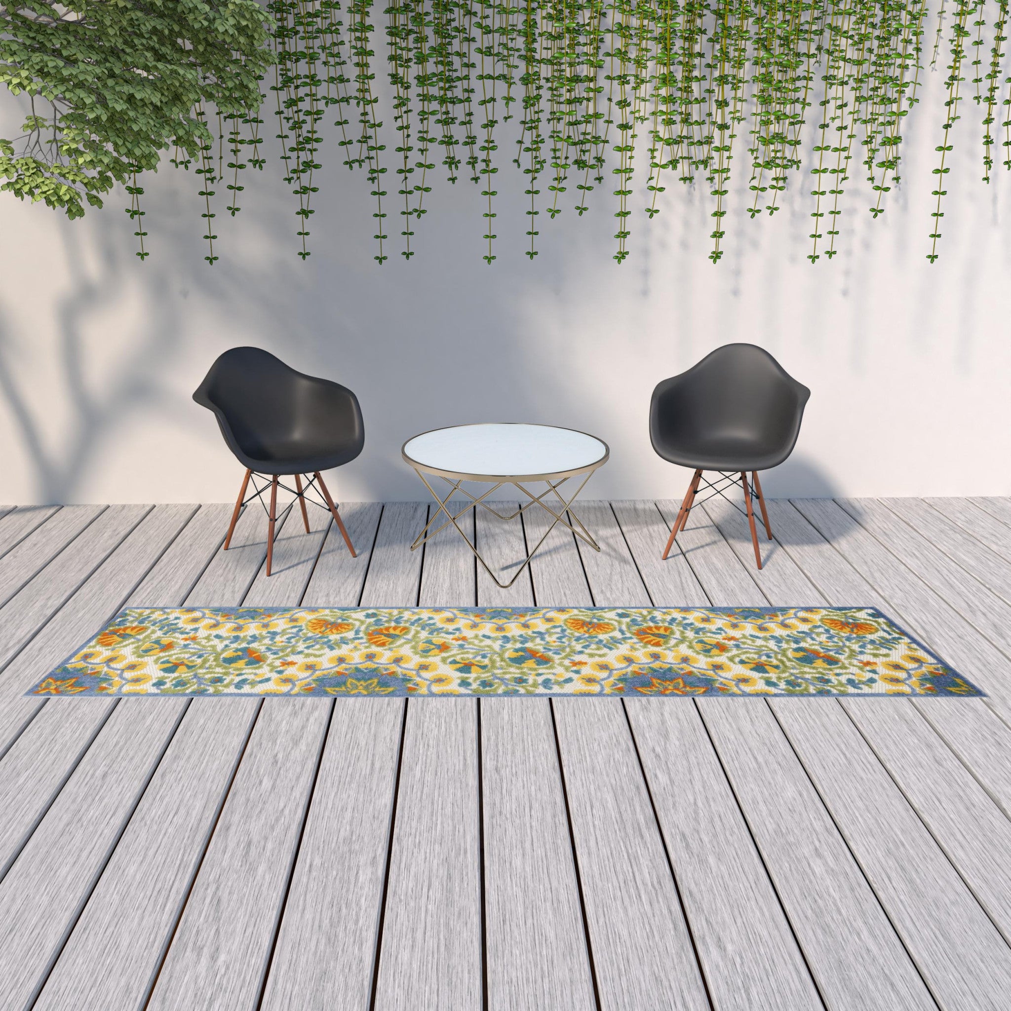 2' X 12' Blue Yellow And White Toile Non Skid Indoor Outdoor Runner Rug