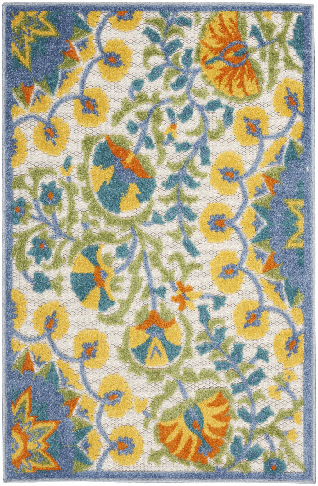 3' X 4' Yellow And Teal Toile Non Skid Indoor Outdoor Area Rug