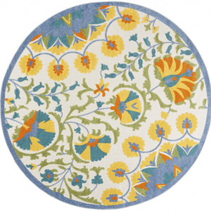 8' X 8' Blue Yellow And White Round Toile Non Skid Indoor Outdoor Area Rug