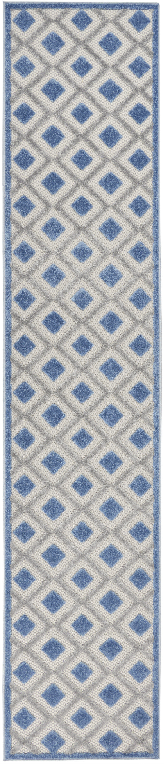 Blue And Grey Gingham Non Skid Indoor Outdoor Runner Rug - 2' X 10'