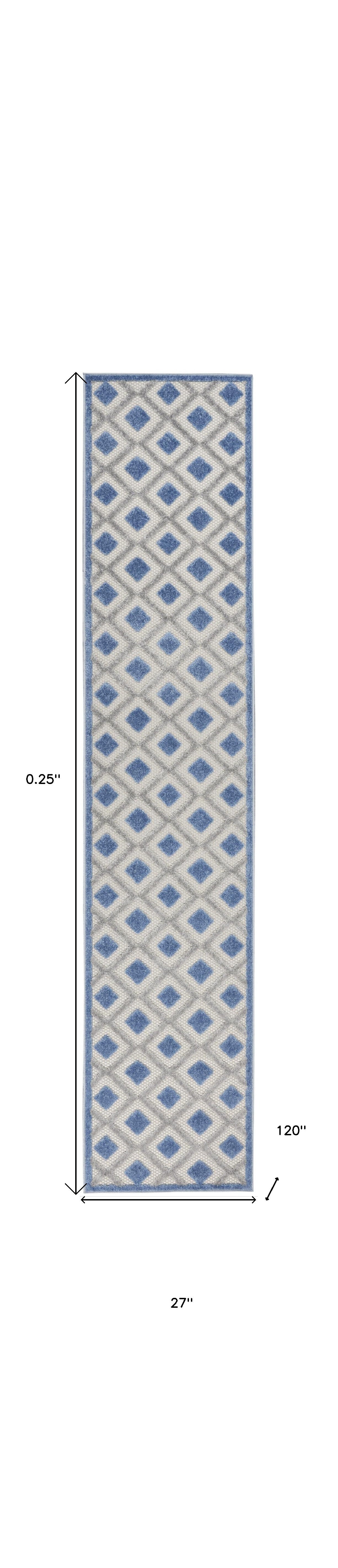 Blue And Grey Gingham Non Skid Indoor Outdoor Runner Rug - 2' X 10'