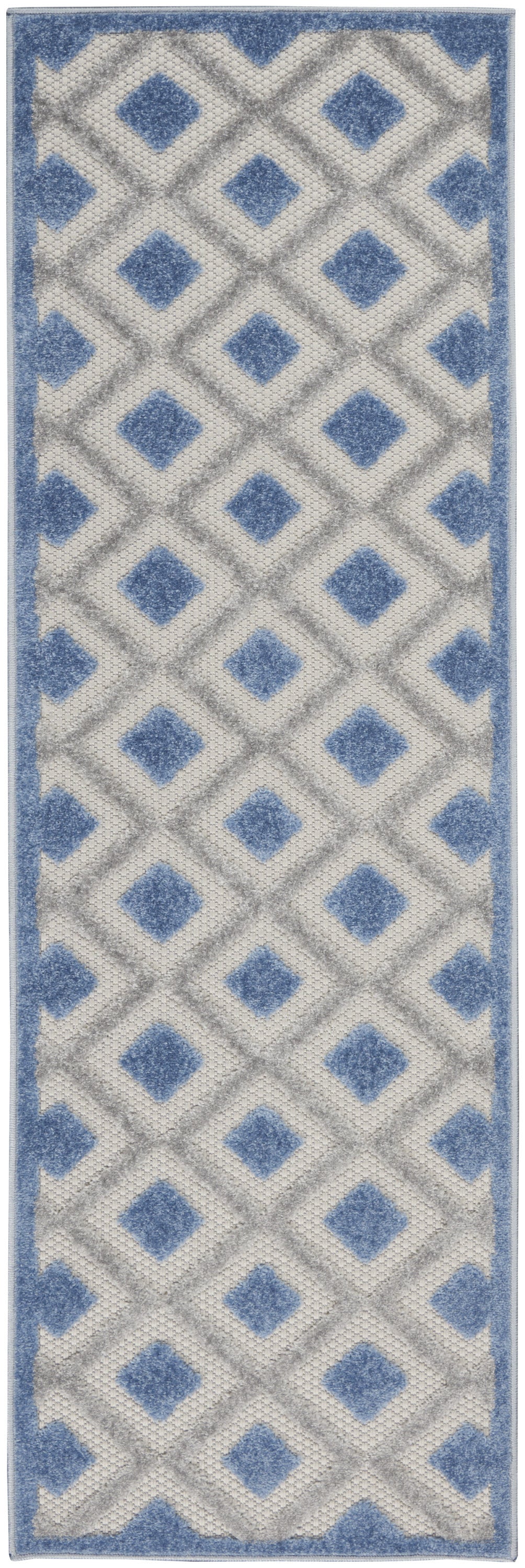 Blue And Grey Gingham Non Skid Indoor Outdoor Runner Rug - 2' X 8'