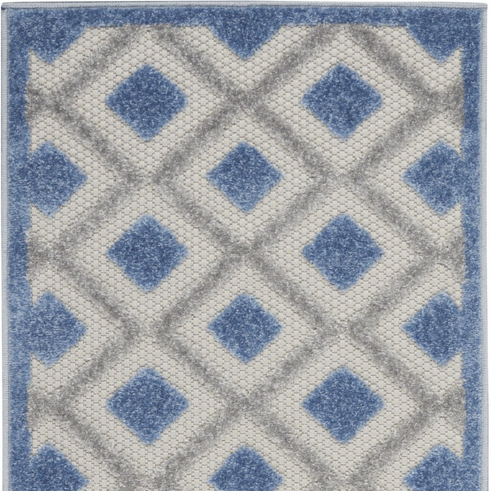 Blue And Grey Gingham Non Skid Indoor Outdoor Runner Rug - 2' X 8'
