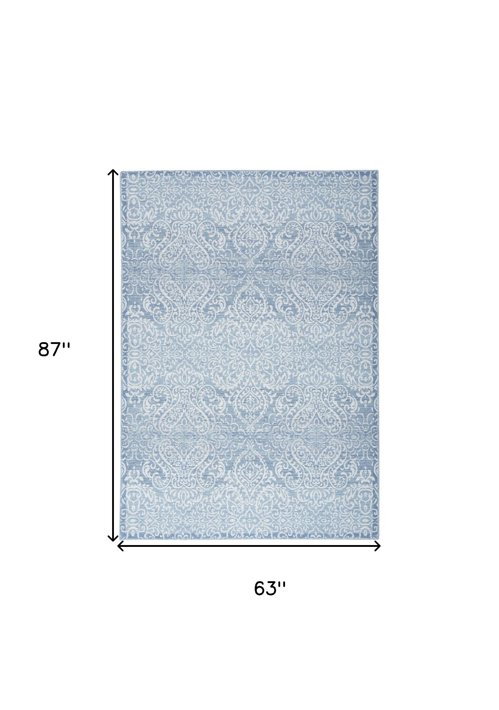 5' X 7' Aqua Damask Distressed Washable Area Rug