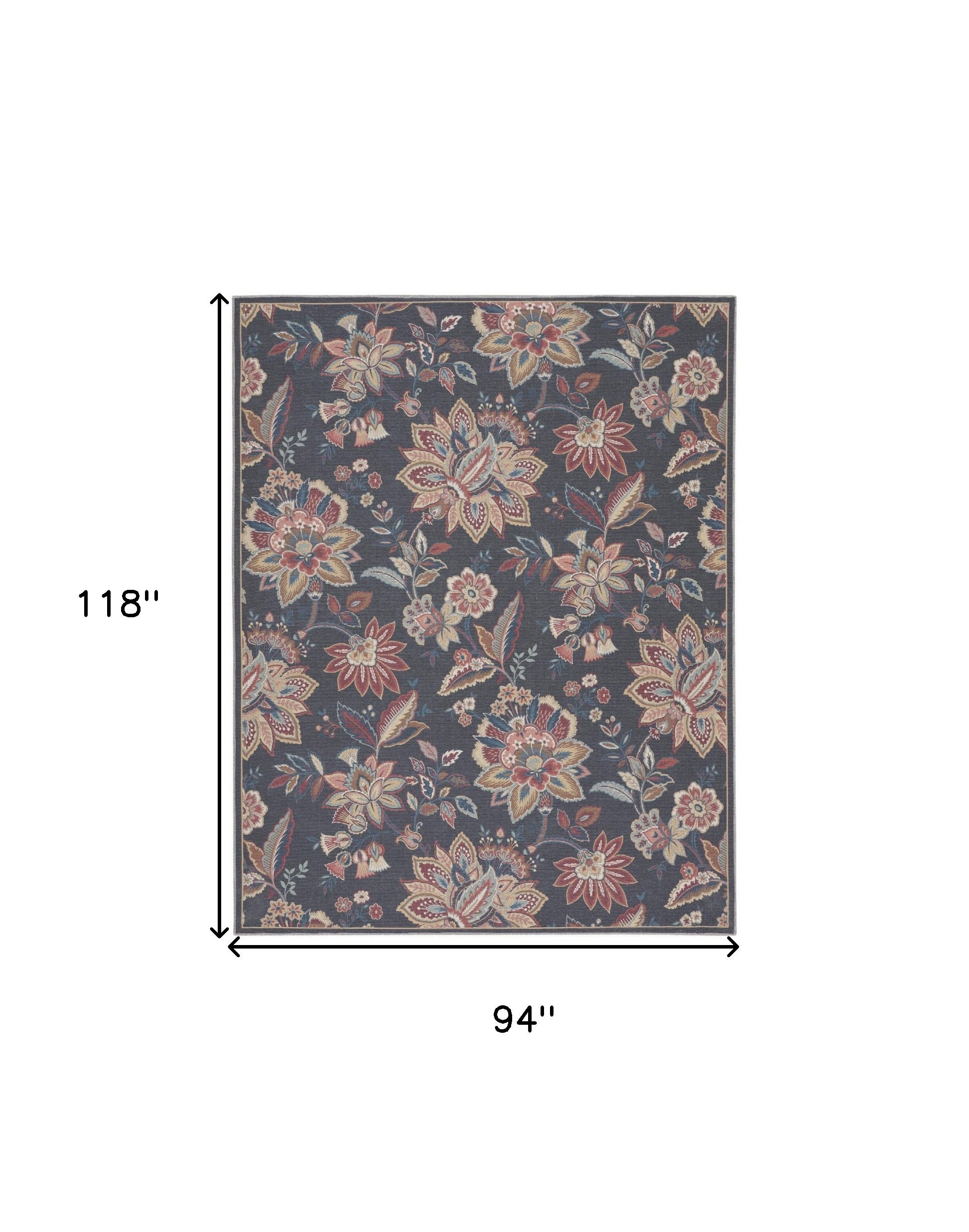 8' X 10' Charcoal Floral Distressed Washable Area Rug