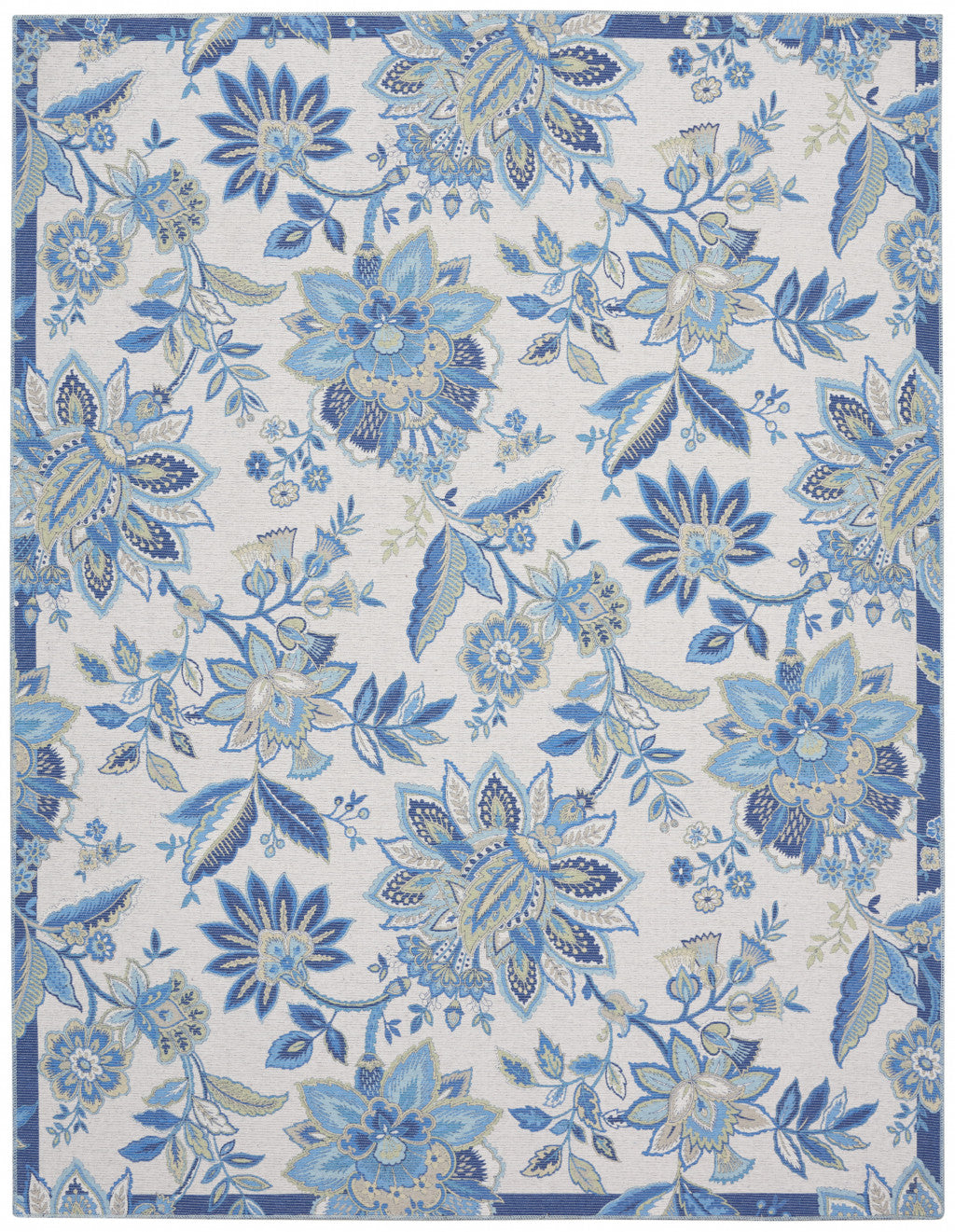 8' X 10' Ivory And Blue Floral Distressed Washable Area Rug