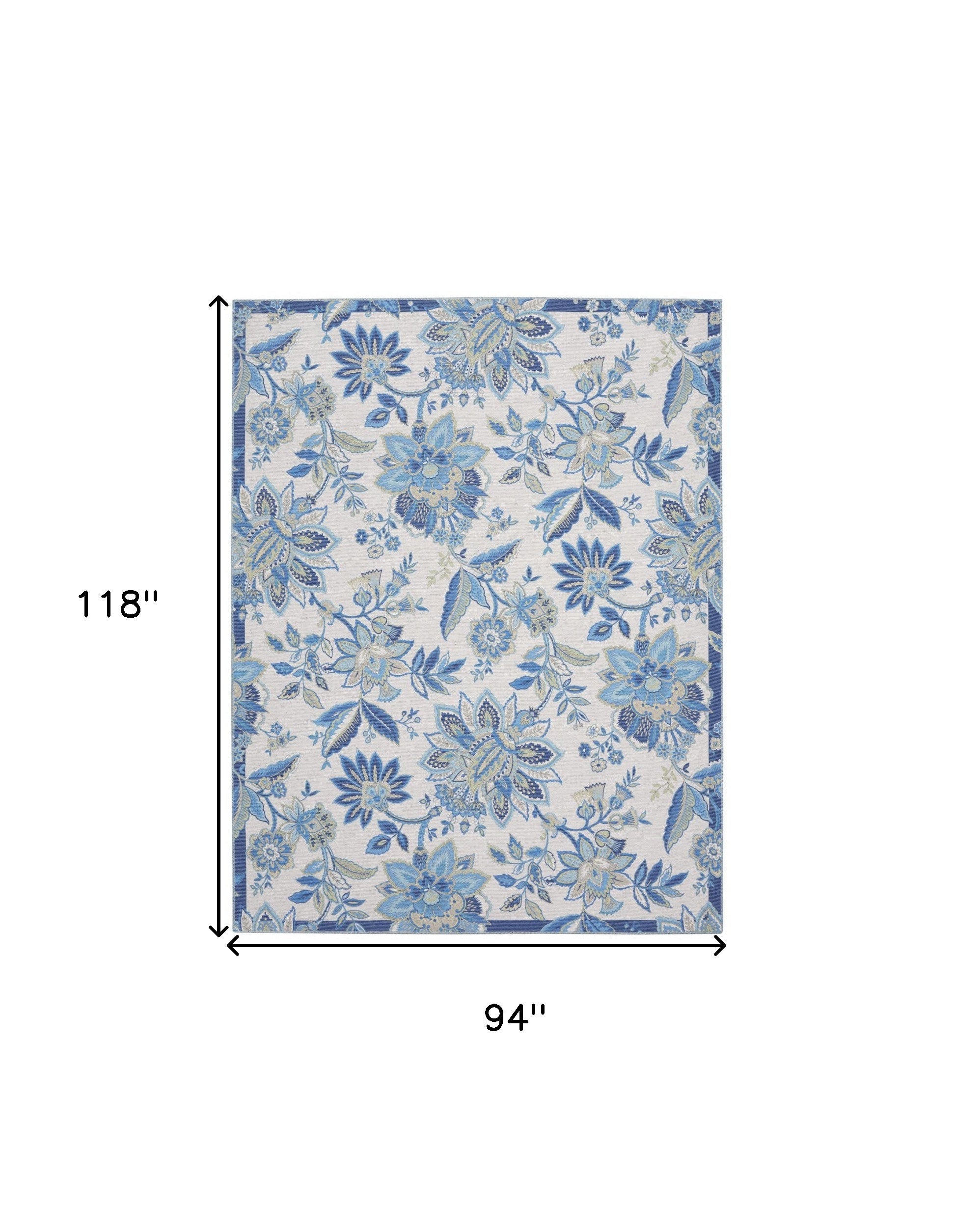 8' X 10' Ivory And Blue Floral Distressed Washable Area Rug