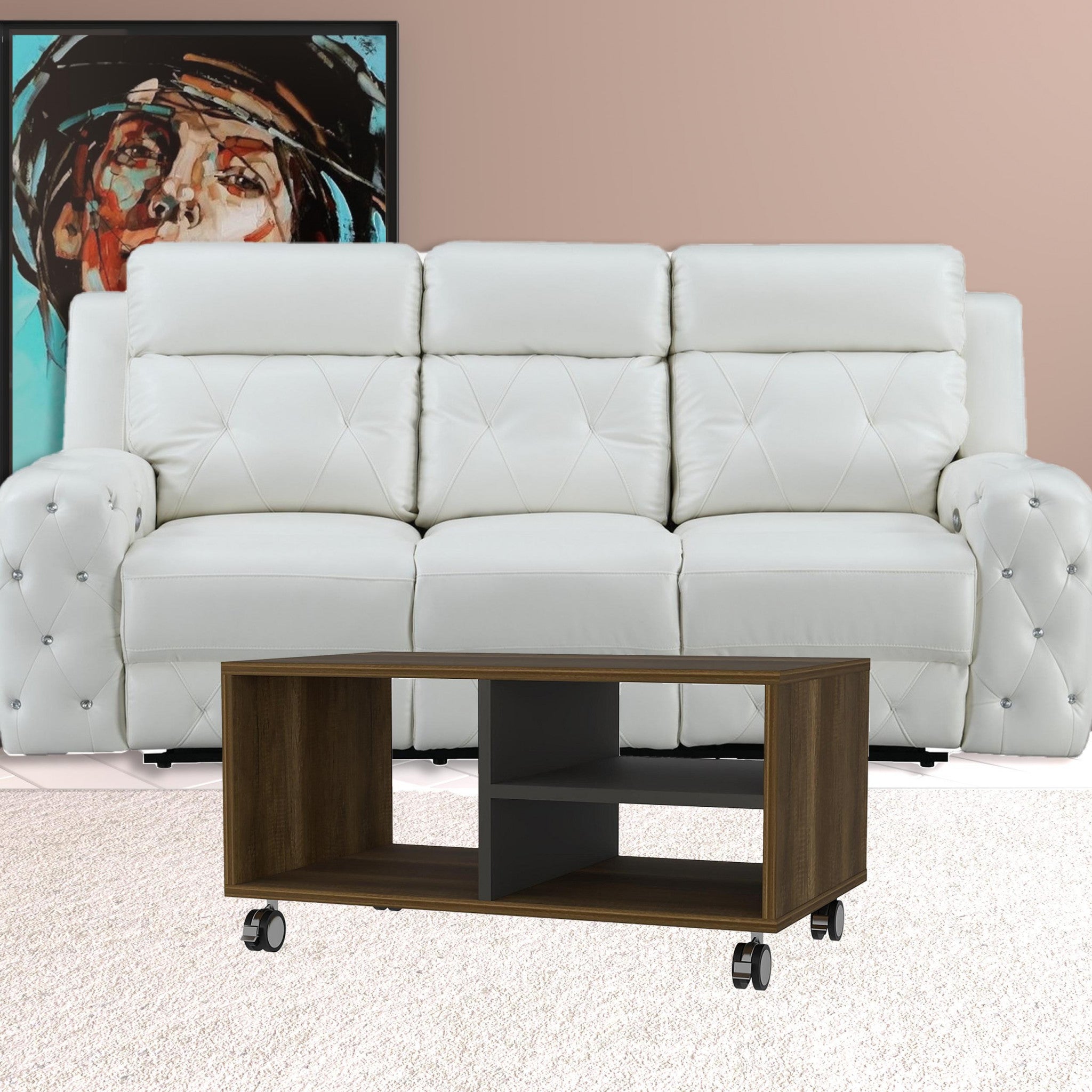 32" Walnut and Black Open Rectangular Coffee Table With Three Shelves