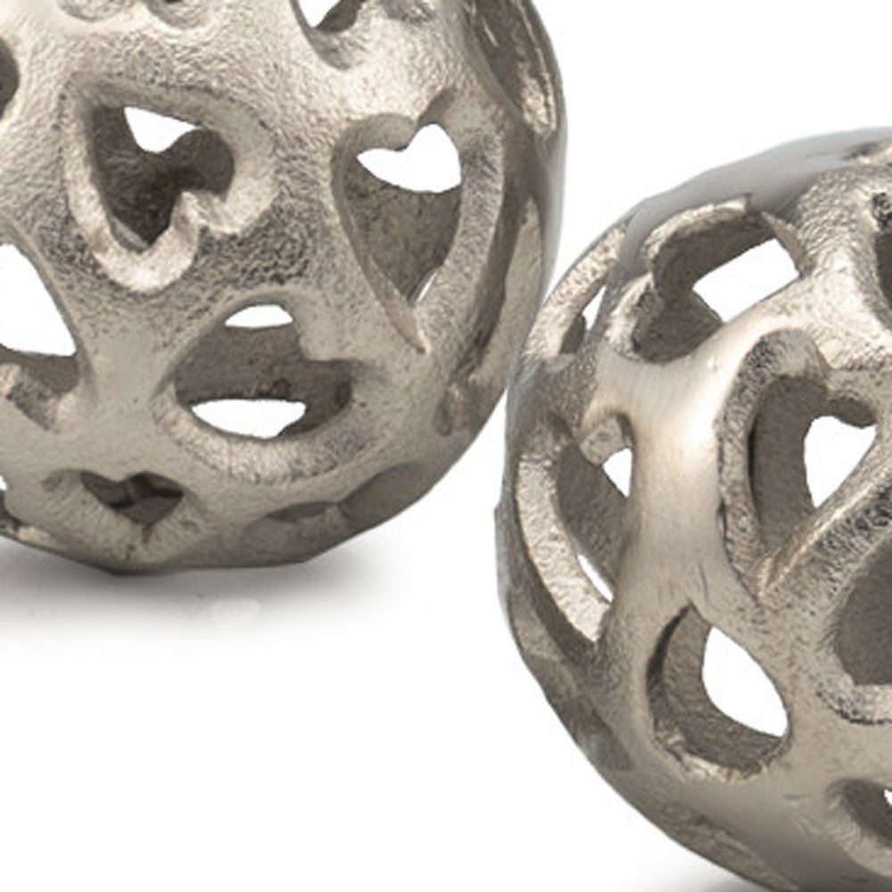 Set Of Two 4" Silver Heart Design Pierced Decorative Orbs