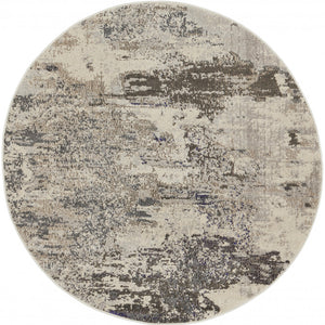 8' X 8' Ivory And Grey Round Abstract Power Loom Non Skid Area Rug