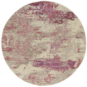 5' X 5' Ivory And Pink Round Abstract Power Loom Non Skid Area Rug