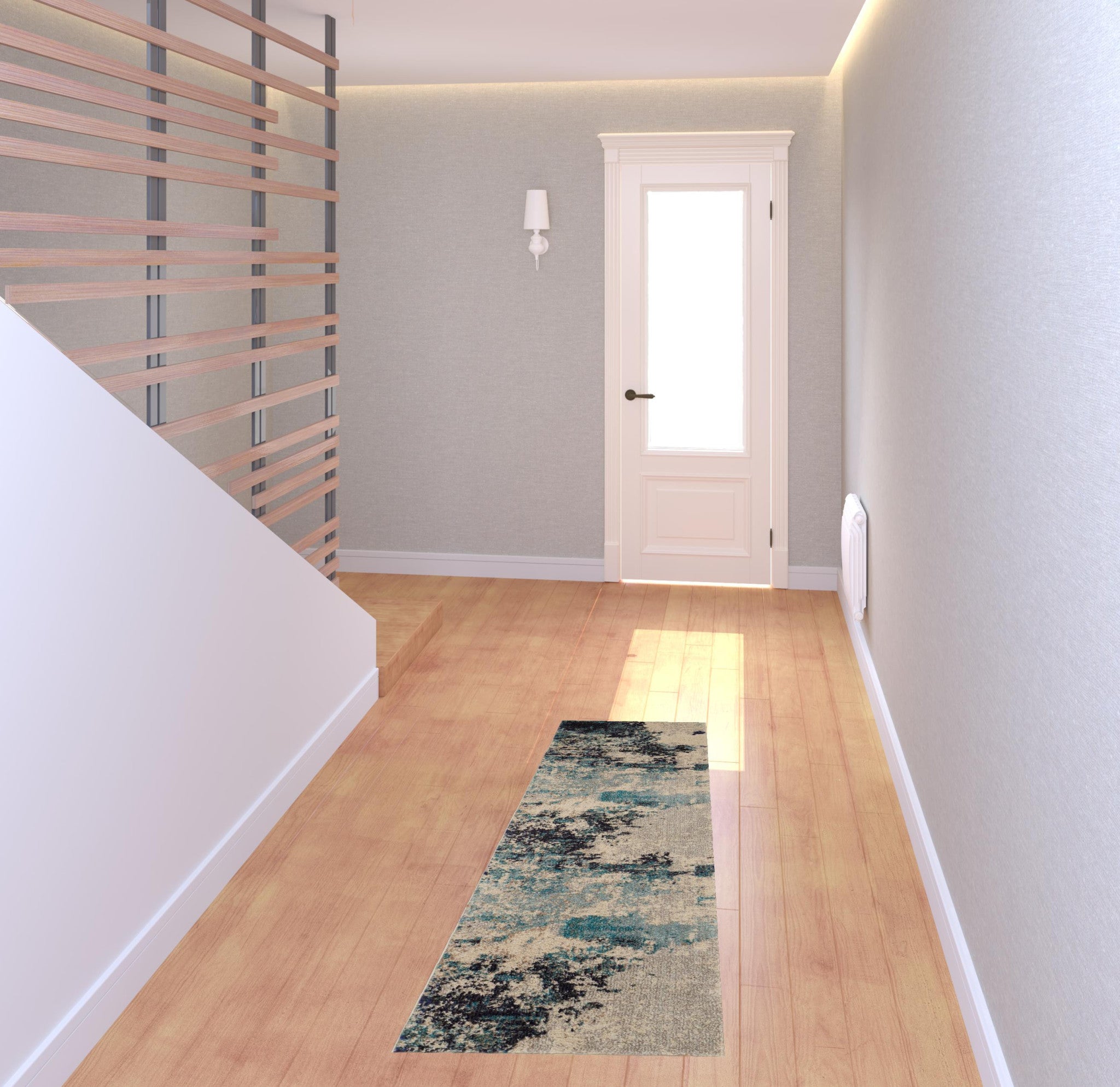 2' X 6' Ivory And Teal Blue Abstract Power Loom Non Skid Runner Rug