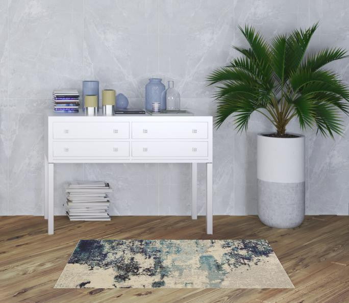 3' X 5' Ivory And Teal Blue Abstract Power Loom Non Skid Area Rug