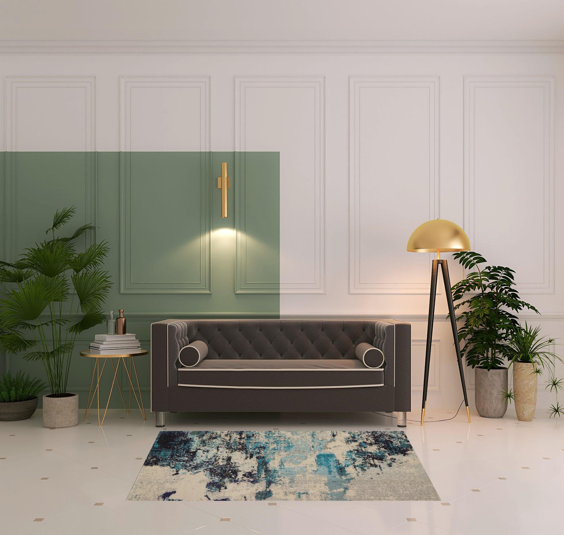 4' X 6' Ivory And Teal Blue Abstract Power Loom Non Skid Area Rug