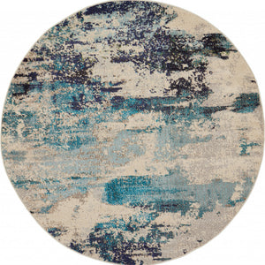 5' X 5' Ivory And Teal Blue Round Abstract Power Loom Non Skid Area Rug