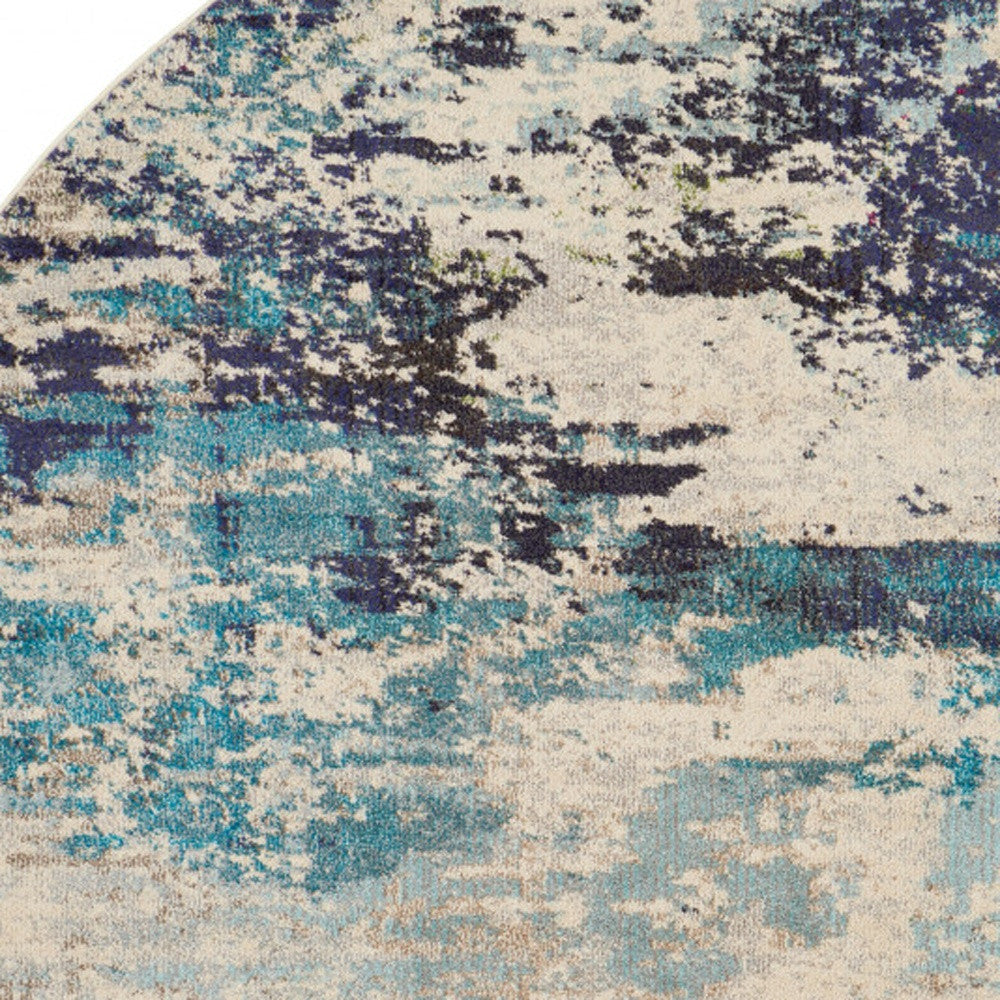 8' X 8' Ivory And Teal Blue Round Abstract Power Loom Non Skid Area Rug