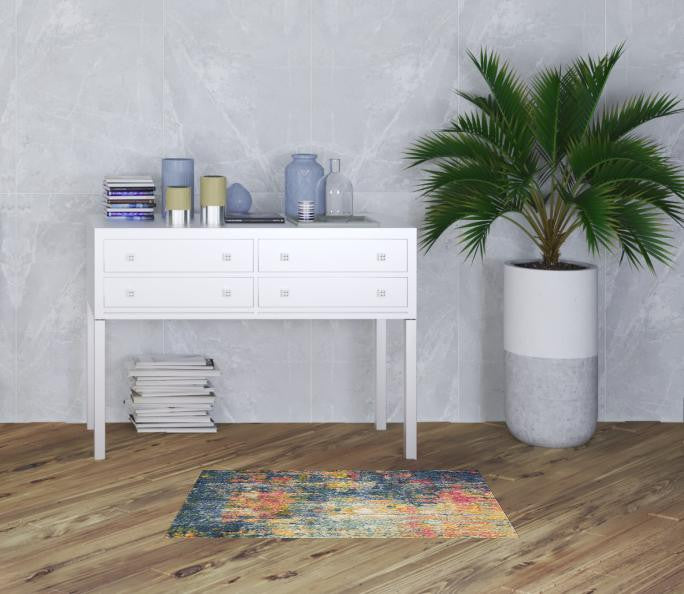 2' X 4' Blue And Yellow Abstract Power Loom Non Skid Area Rug