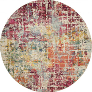 8' X 8' Pink Round Abstract Power Loom Distressed Non Skid Area Rug