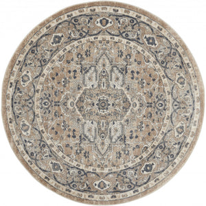 5' X 5' Beige And Grey Round Oriental Power Loom Non Skid Area Rug