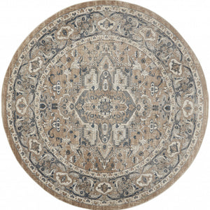 8 X 8' Beige And Grey Round Oriental Power Loom Non Skid Area Rug