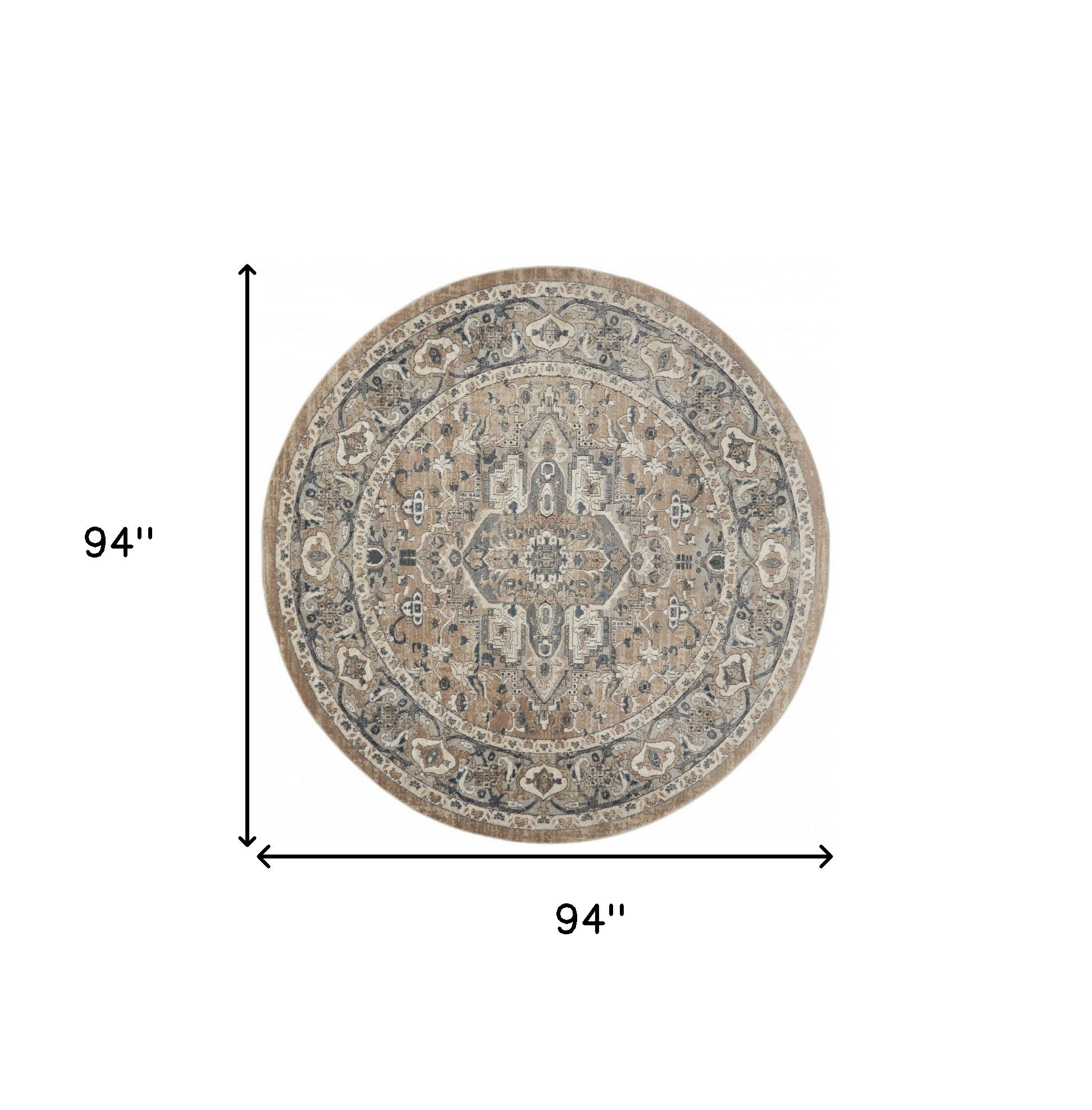 8 X 8' Beige And Grey Round Oriental Power Loom Non Skid Area Rug