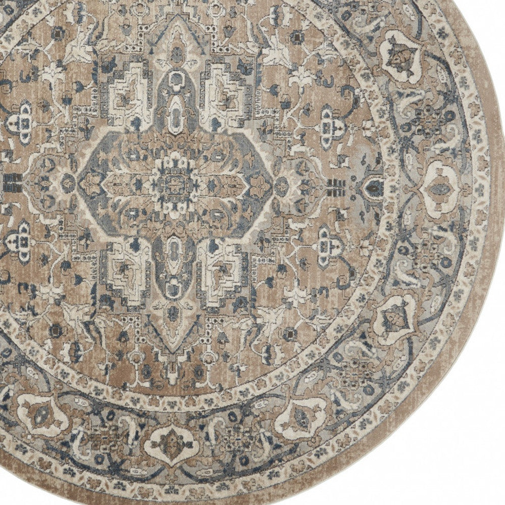 8 X 8' Beige And Grey Round Oriental Power Loom Non Skid Area Rug