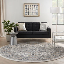 8' Ivory And Grey Round Oriental Power Loom Non Skid Area Rug