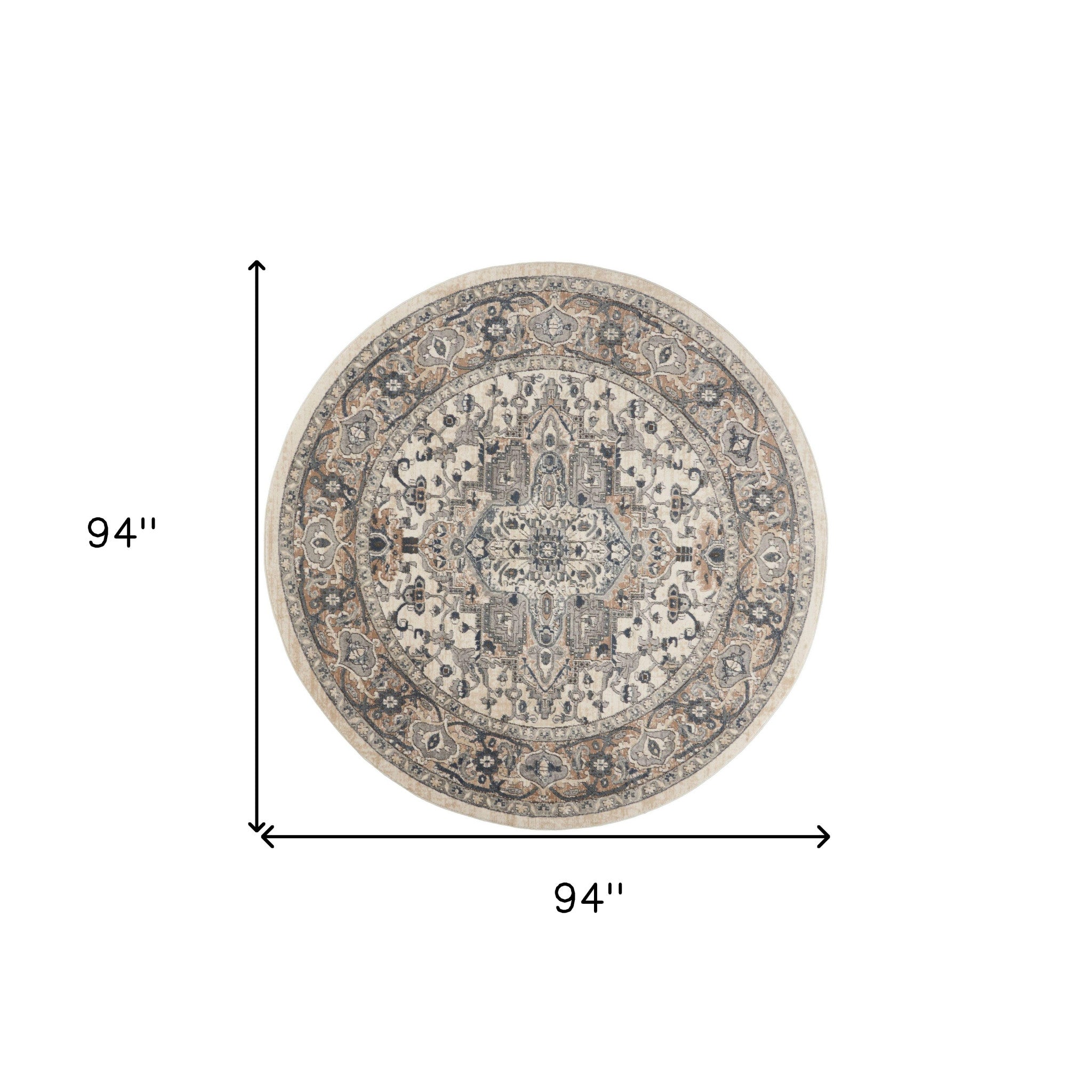 8' Ivory And Grey Round Oriental Power Loom Non Skid Area Rug