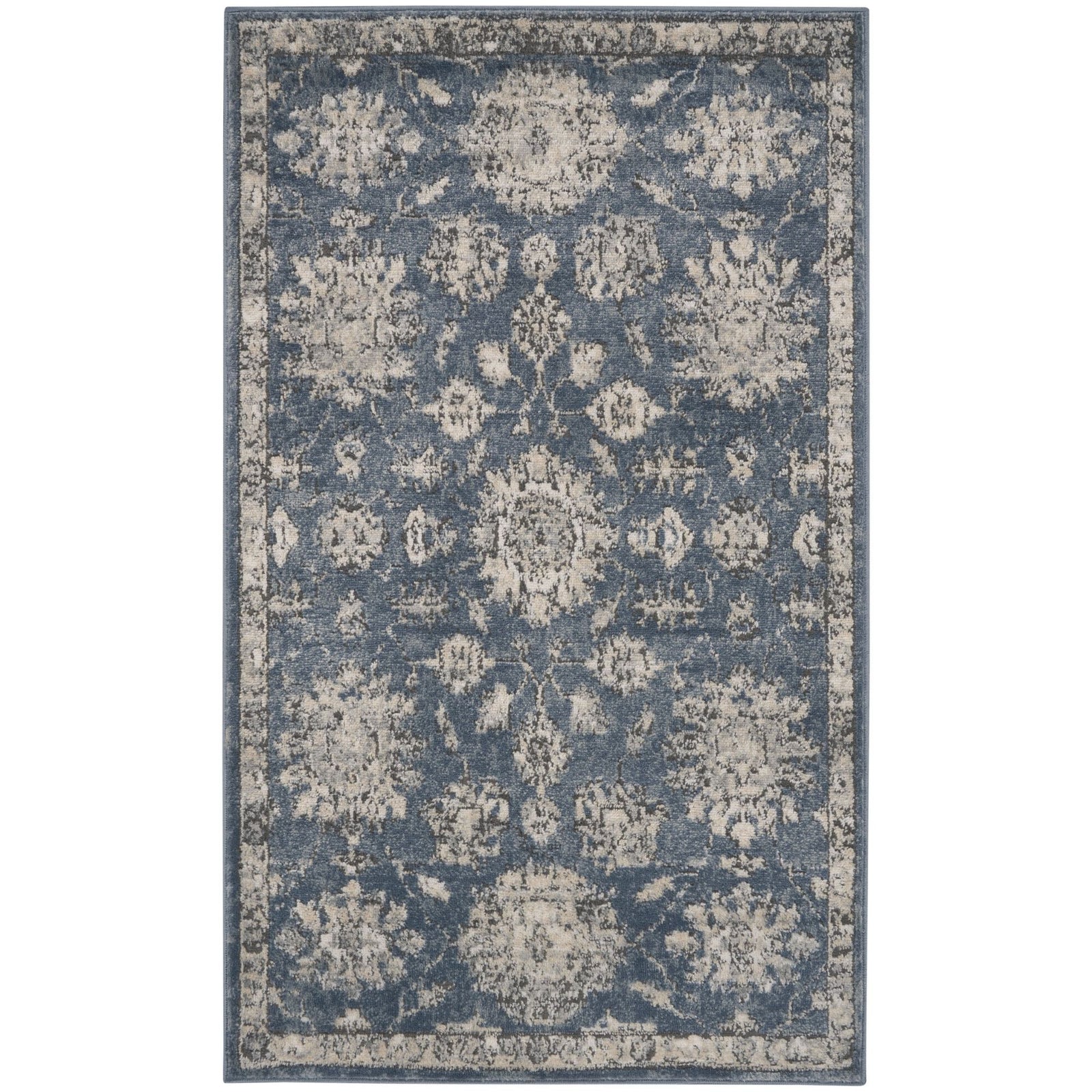 3' X 5' Blue And Beige Oriental Power Loom Non Skid Area Rug