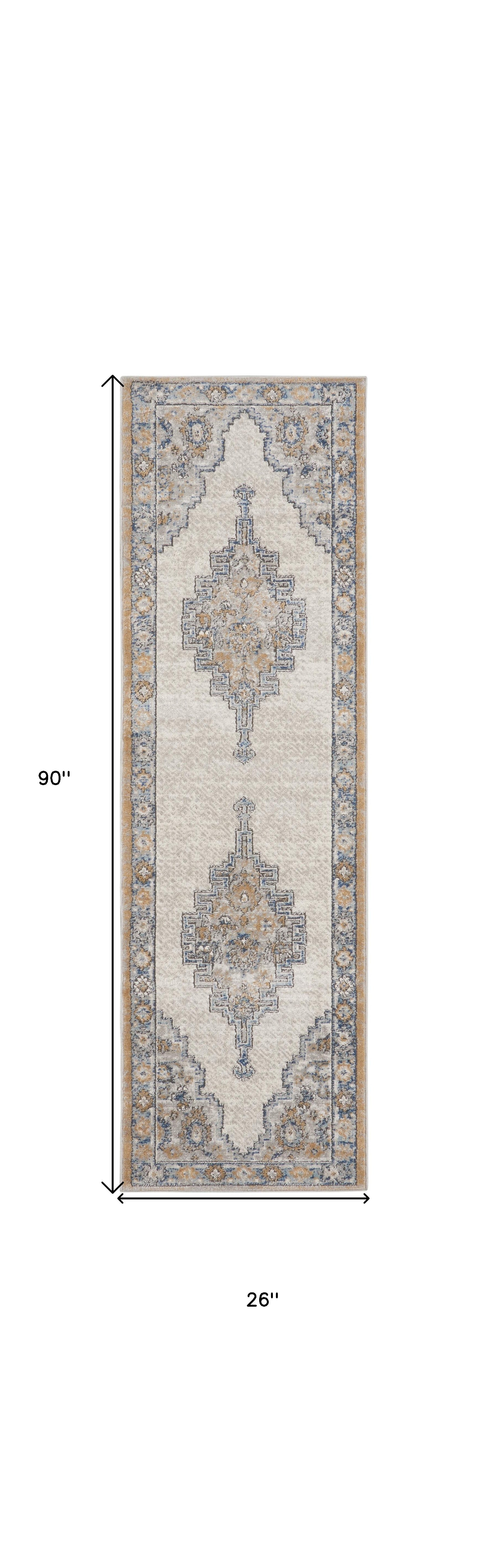 2' X 8' Grey And Light Blue Oriental Power Loom Non Skid Runner Rug