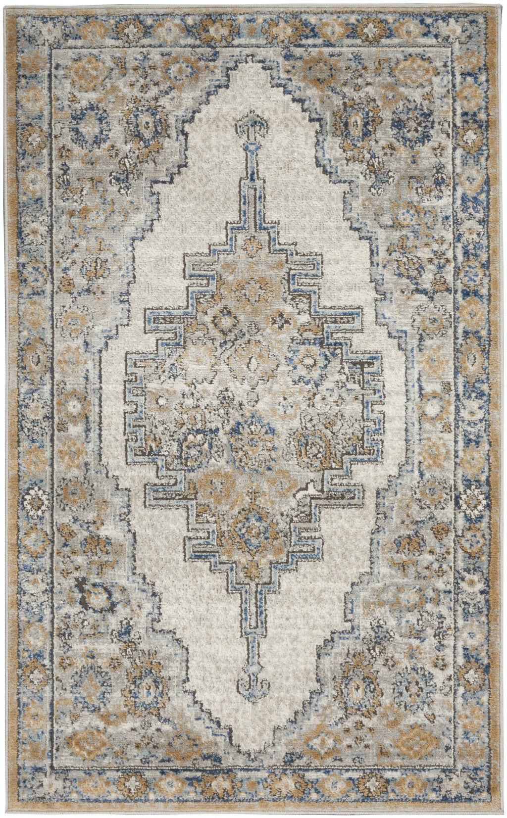 3' X 5' Grey And Light Blue Oriental Power Loom Non Skid Area Rug