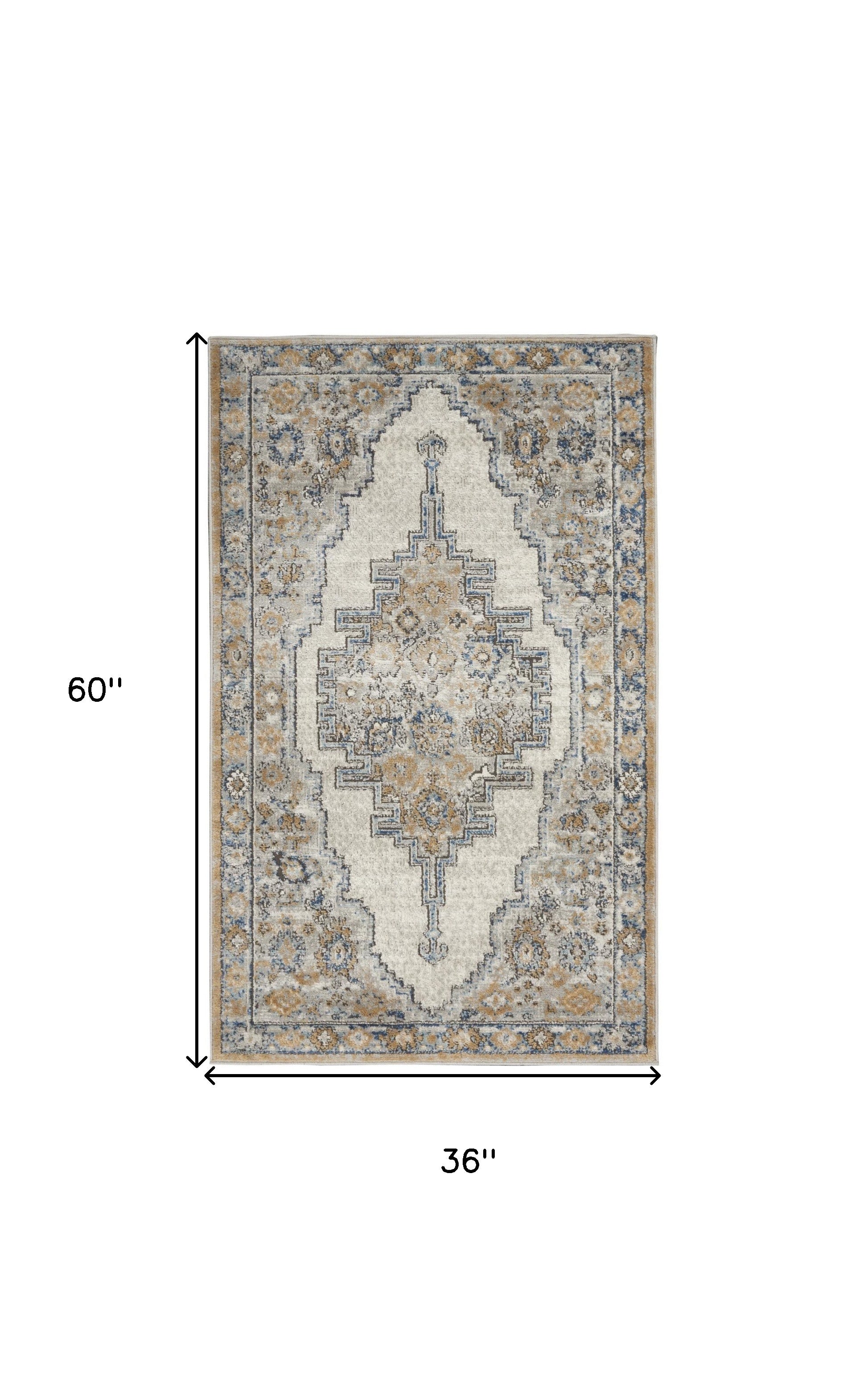 3' X 5' Grey And Light Blue Oriental Power Loom Non Skid Area Rug