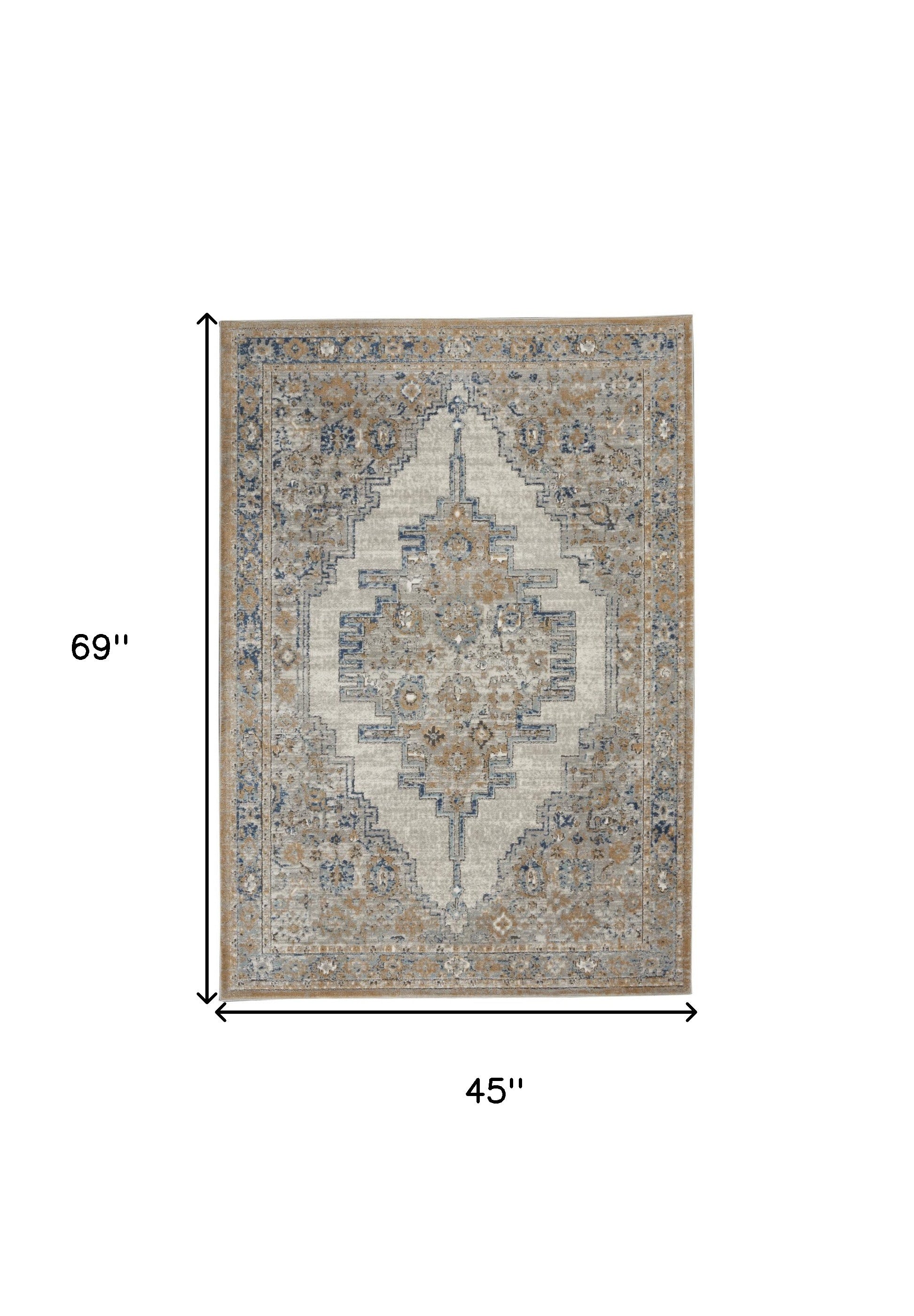 4' X 6' Grey And Light Blue Oriental Power Loom Non Skid Area Rug