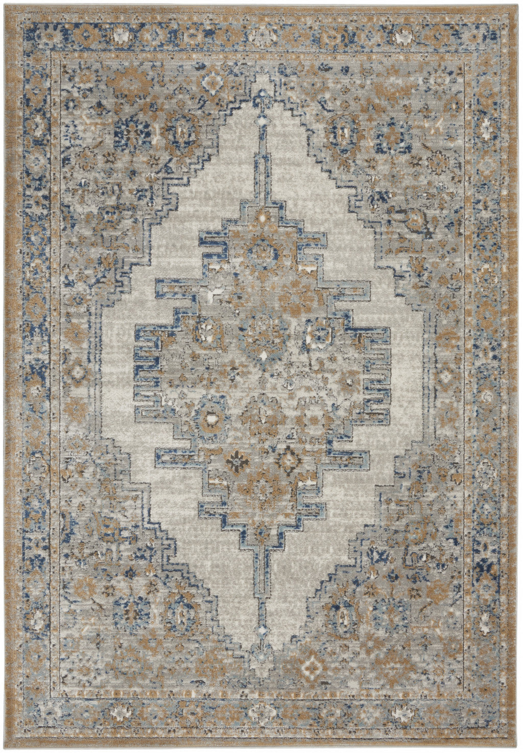 5' X 7' Grey And Light Blue Oriental Power Loom Non Skid Area Rug