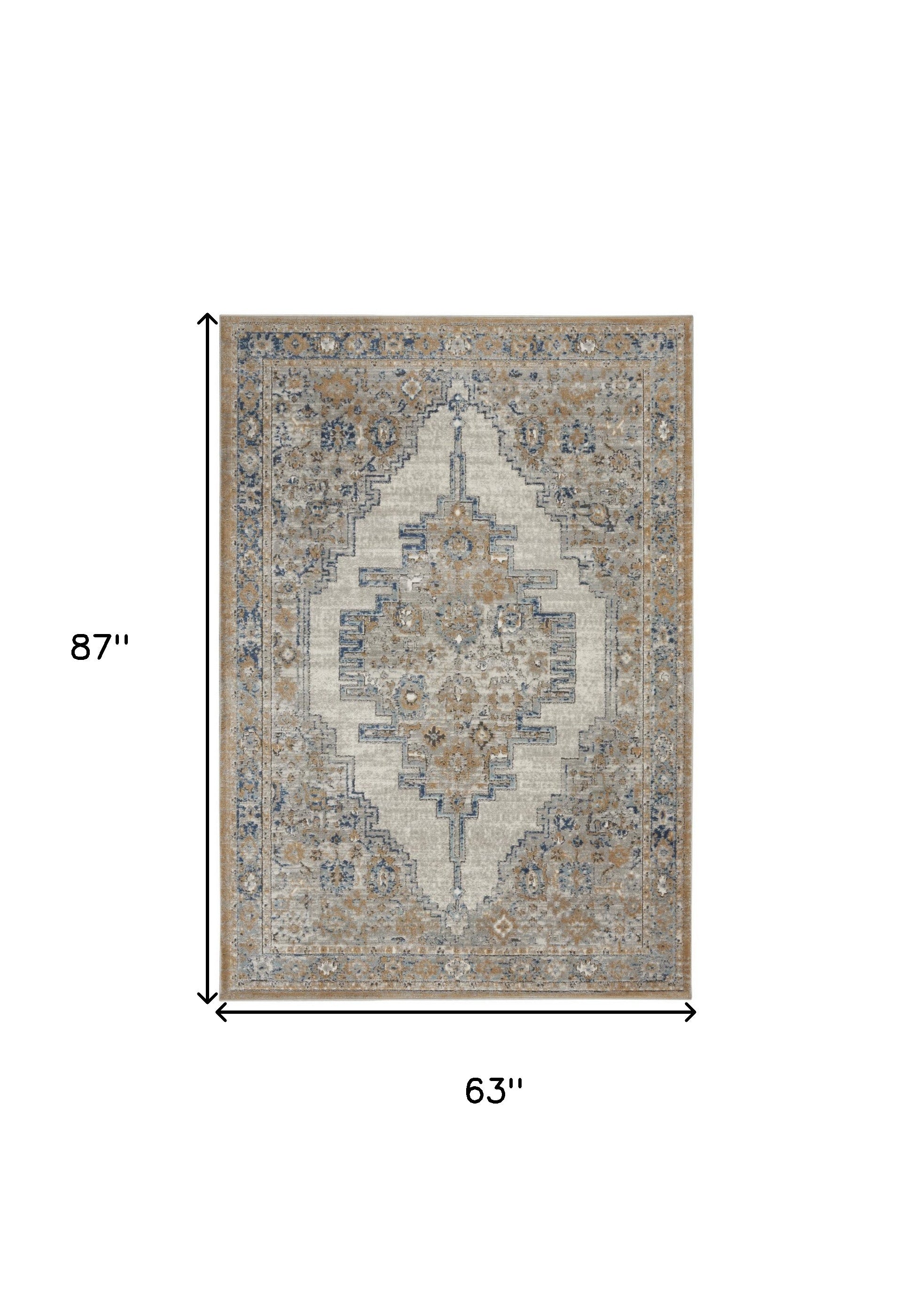 5' X 7' Grey And Light Blue Oriental Power Loom Non Skid Area Rug