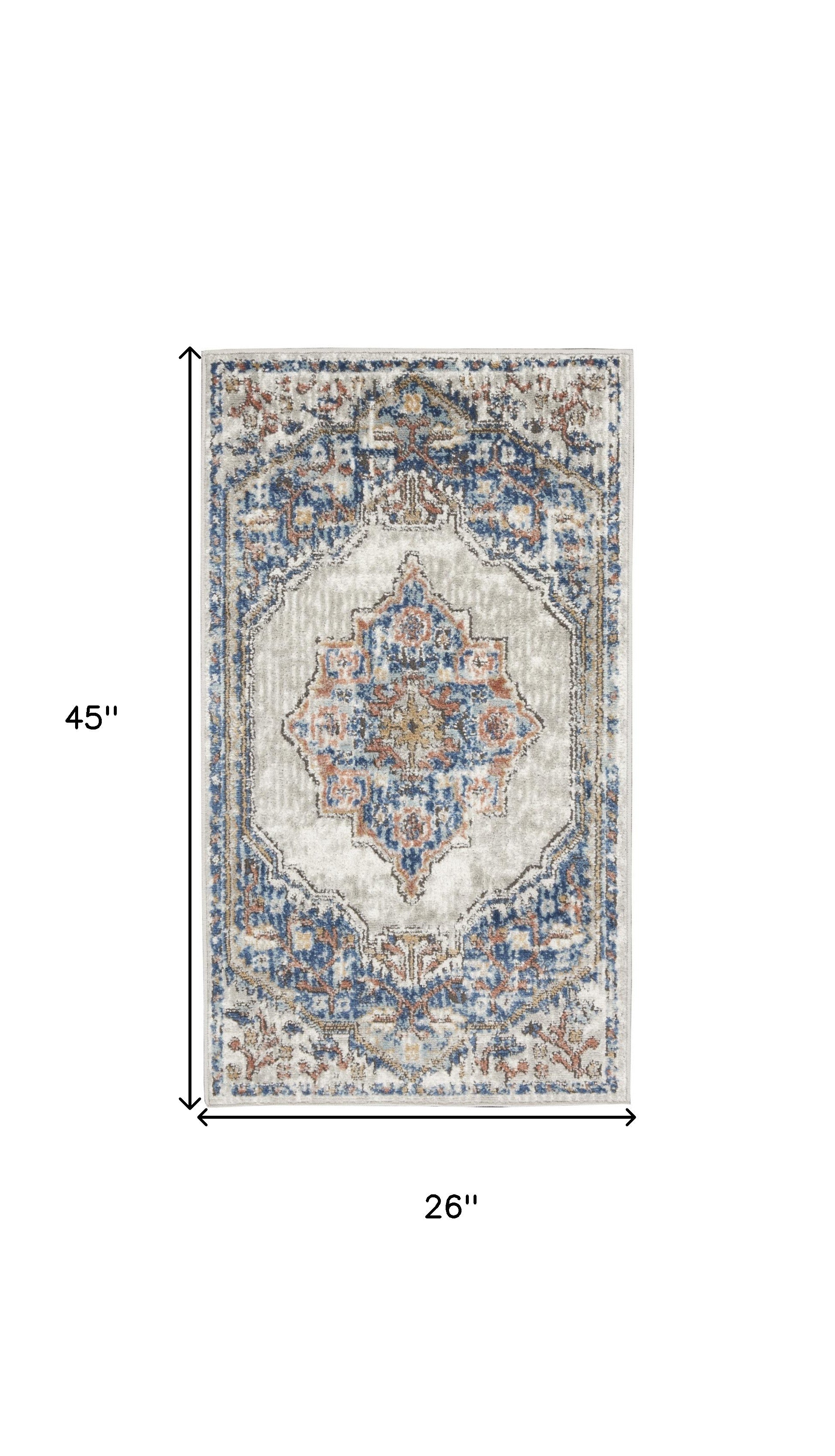2' X 4' Blue And Grey Oriental Power Loom Non Skid Area Rug