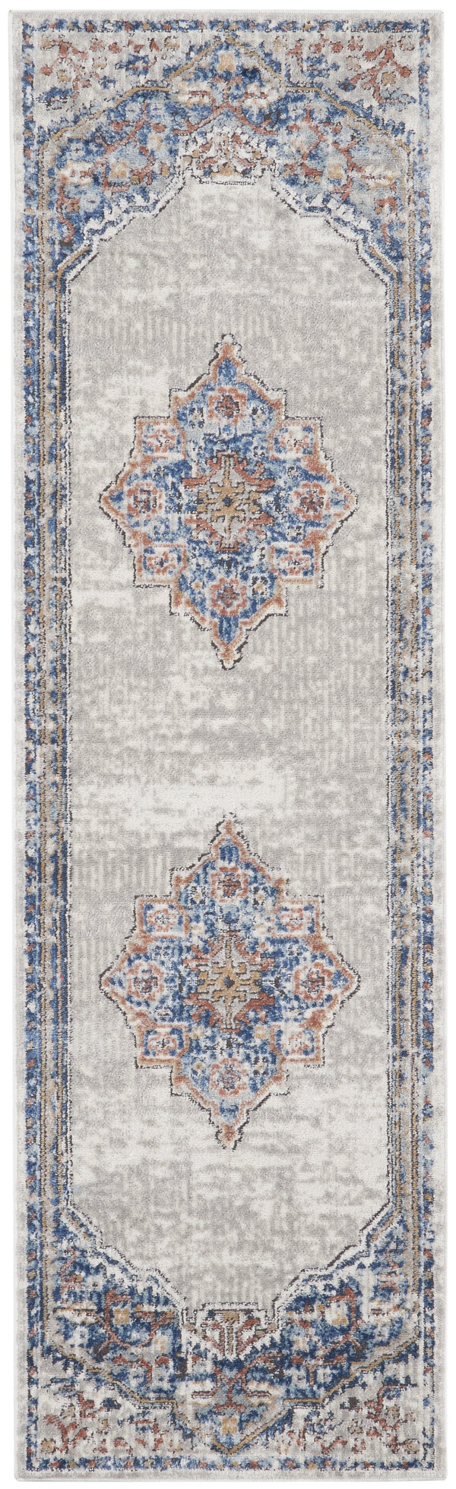 2' X 8' Blue And Grey Oriental Power Loom Non Skid Runner Rug