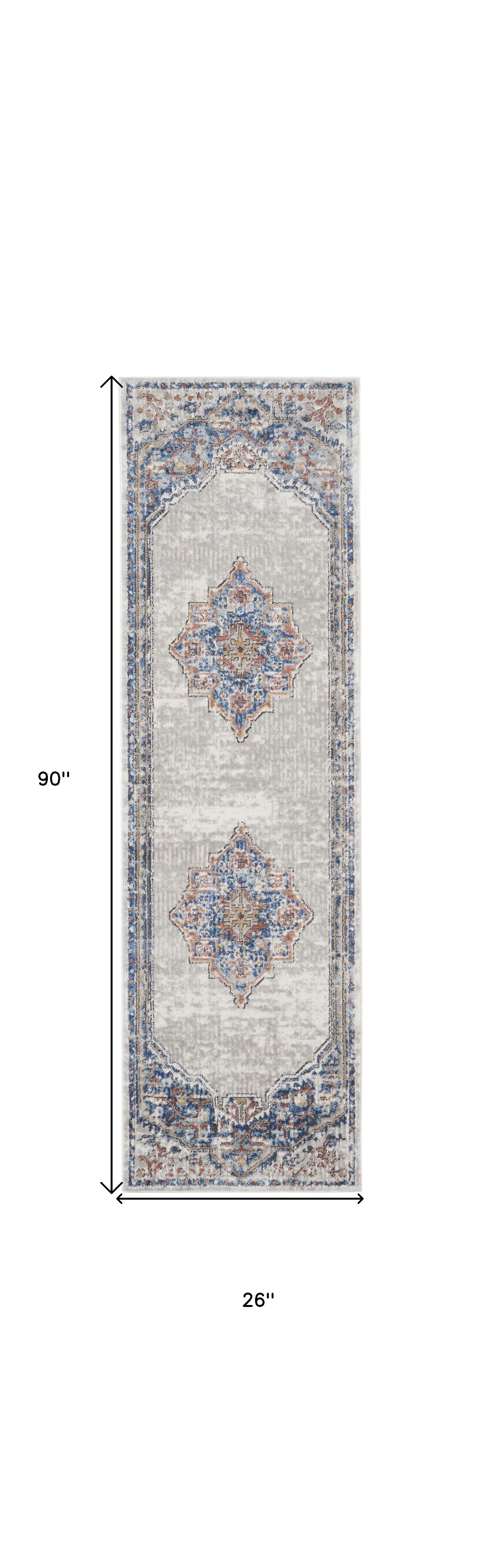 2' X 8' Blue And Grey Oriental Power Loom Non Skid Runner Rug