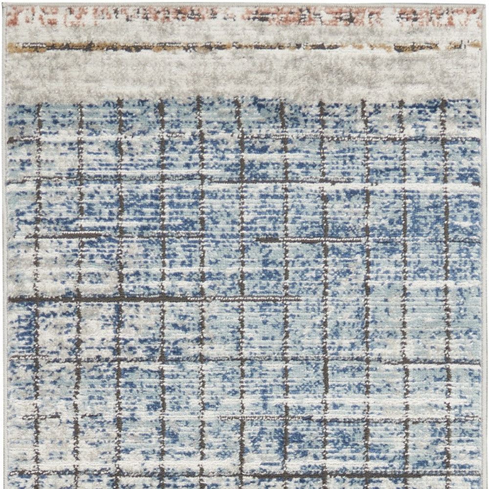 2' X 8' Blue Abstract Power Loom Distressed Non Skid Runner Rug