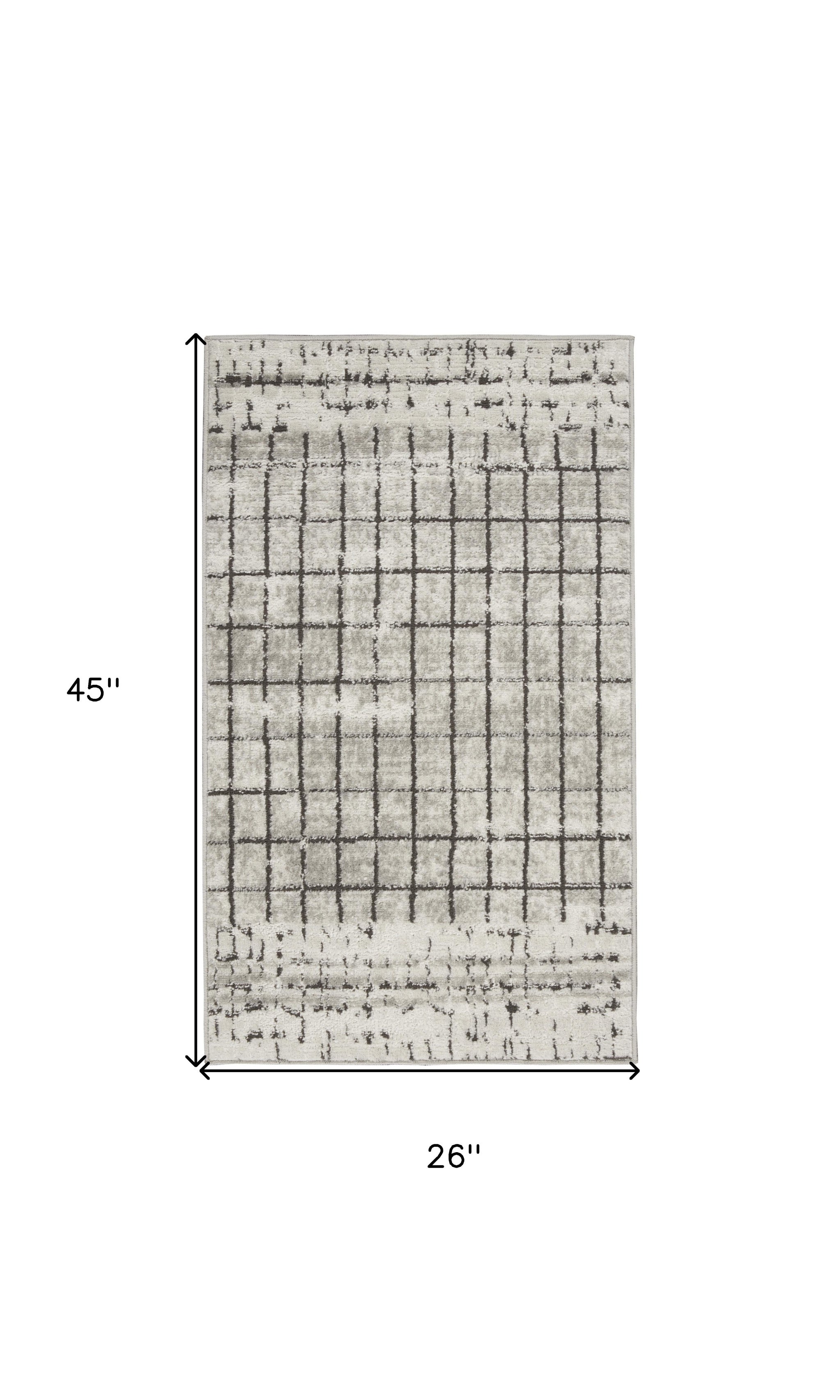 2' X 4' Ivory And Grey Abstract Power Loom Distressed Non Skid Area Rug