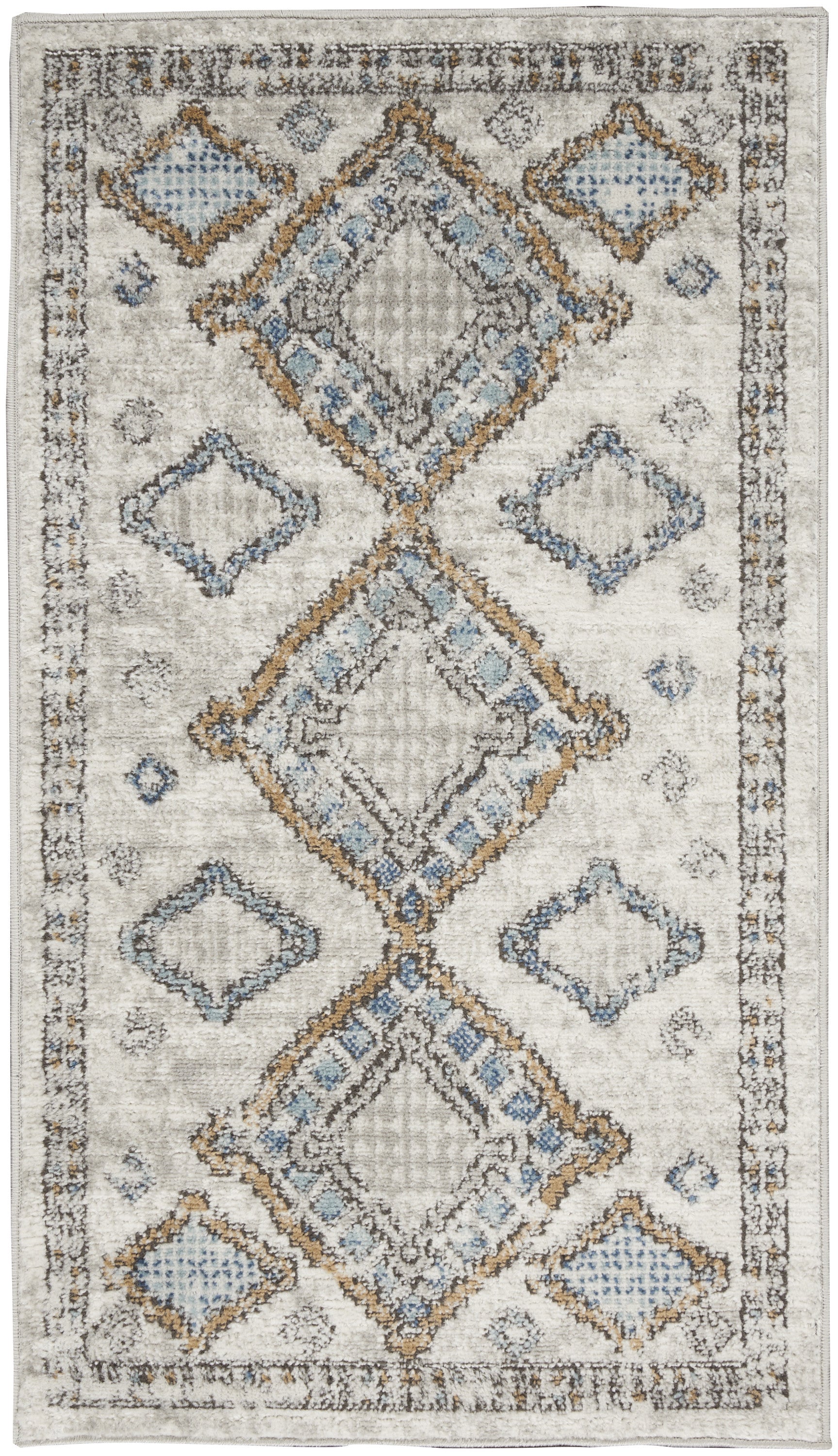 2' X 4' Ivory Grey And Blue Southwestern Power Loom Non Skid Area Rug