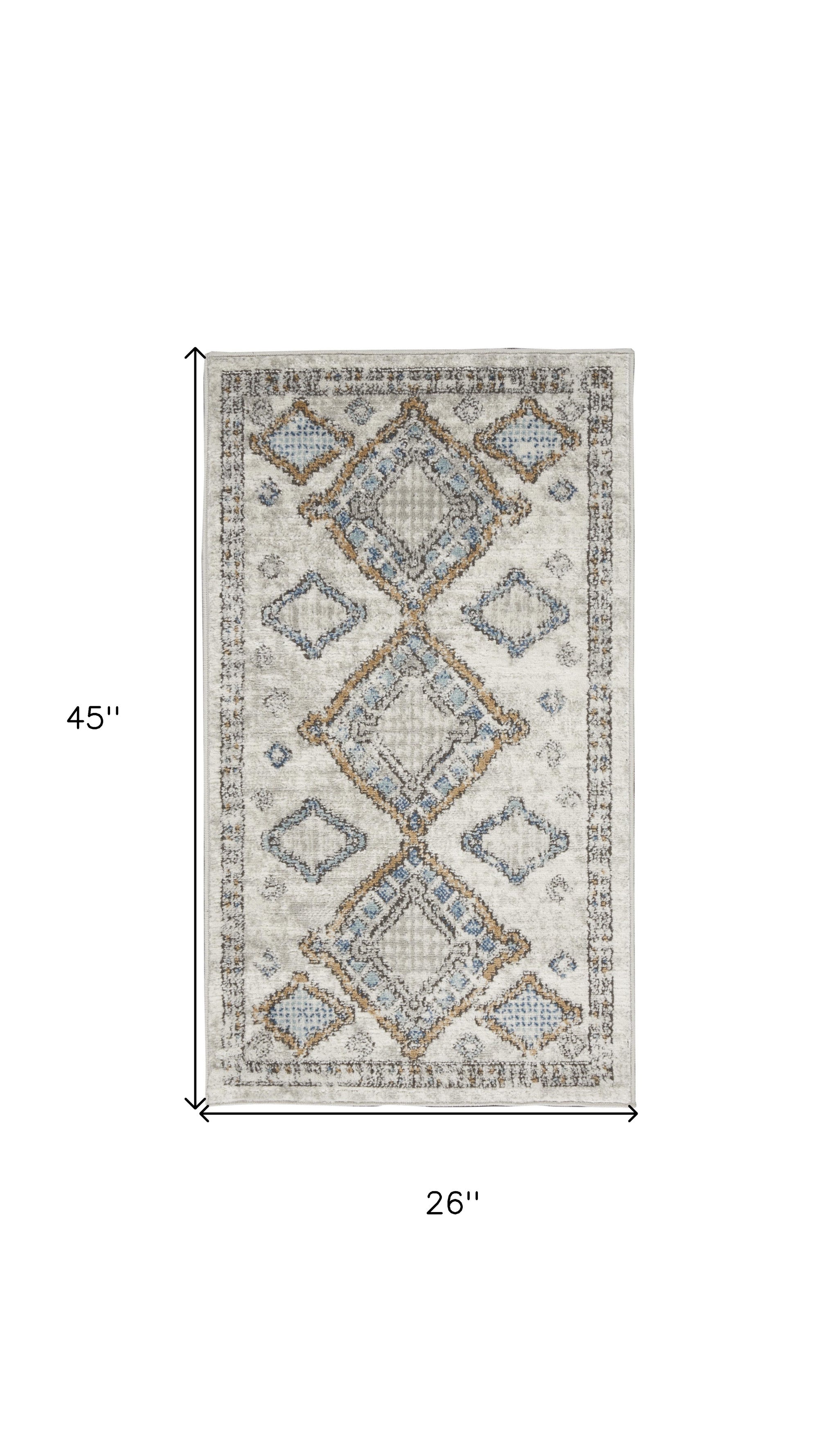 2' X 4' Ivory Grey And Blue Southwestern Power Loom Non Skid Area Rug
