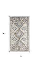 2' X 4' Ivory Grey And Blue Southwestern Power Loom Non Skid Area Rug