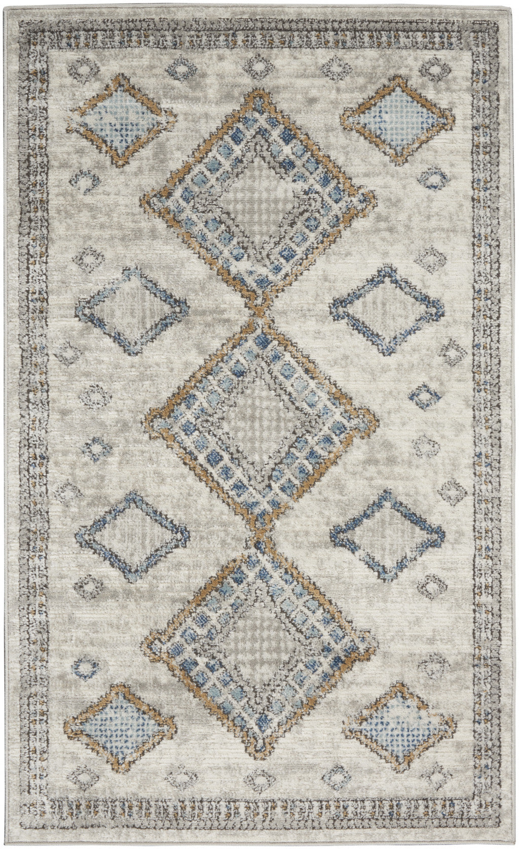 3' X 5' Ivory Grey And Blue Southwestern Power Loom Non Skid Area Rug