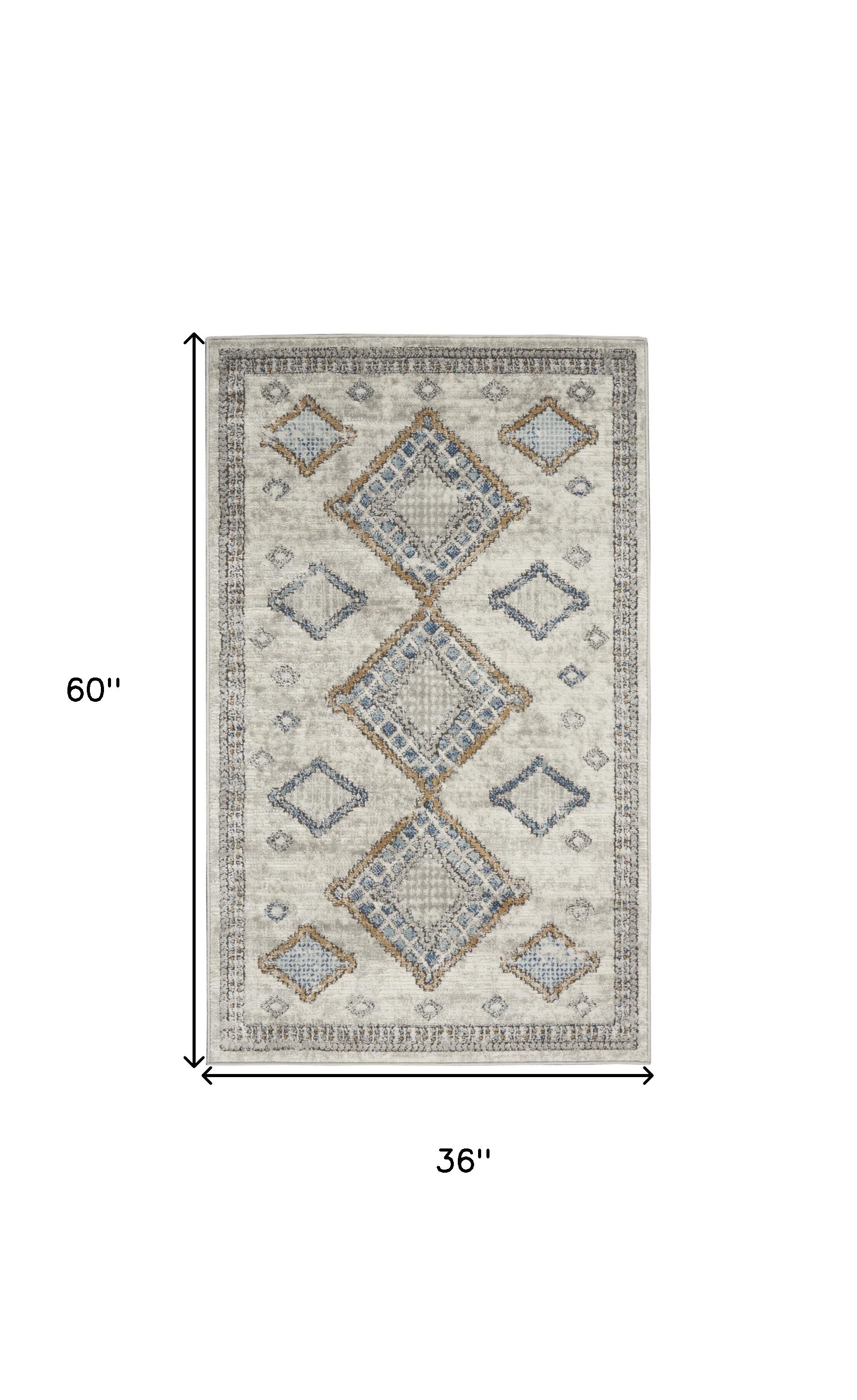 3' X 5' Ivory Grey And Blue Southwestern Power Loom Non Skid Area Rug