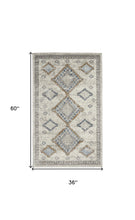3' X 5' Ivory Grey And Blue Southwestern Power Loom Non Skid Area Rug