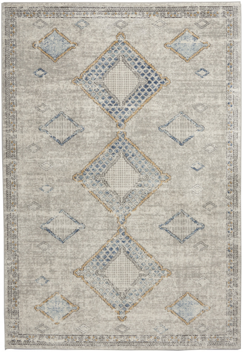 4' X 6' Ivory Grey And Blue Southwestern Power Loom Non Skid Area Rug