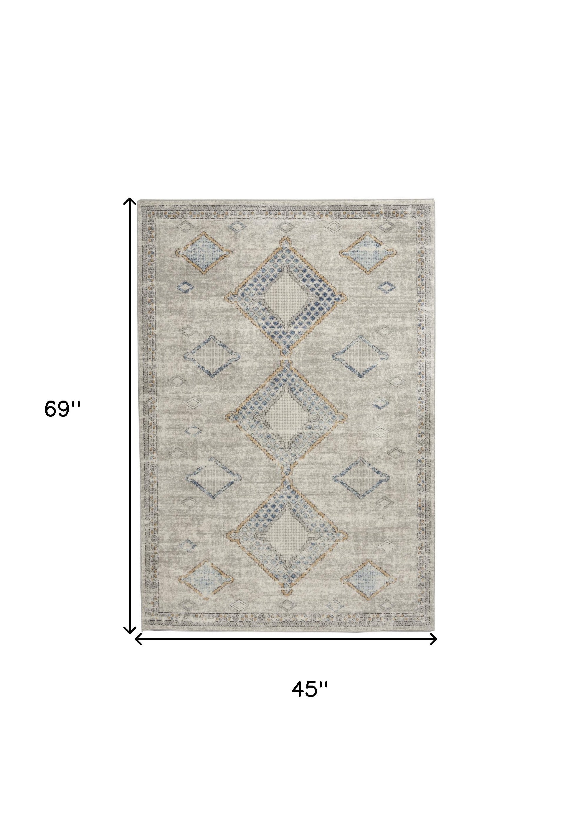 4' X 6' Ivory Grey And Blue Southwestern Power Loom Non Skid Area Rug